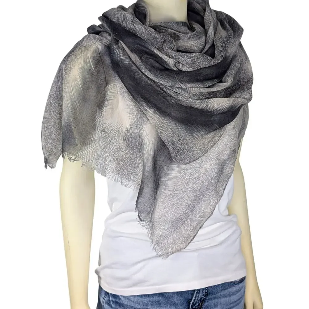 Eyelash Fringe Festival Scarf Multi Wear Wrap Feather Print Semi Sheer Boho Chic